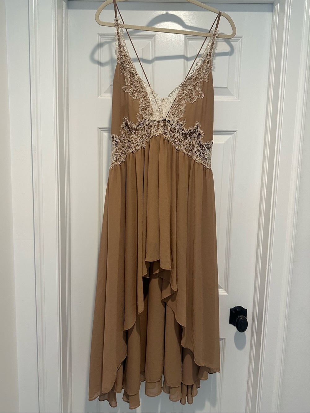 New Zara Asymmetric Tan Strappy Lace-Trimmed Slip Dress & beige Lace Accents M - Picture 5 of 10